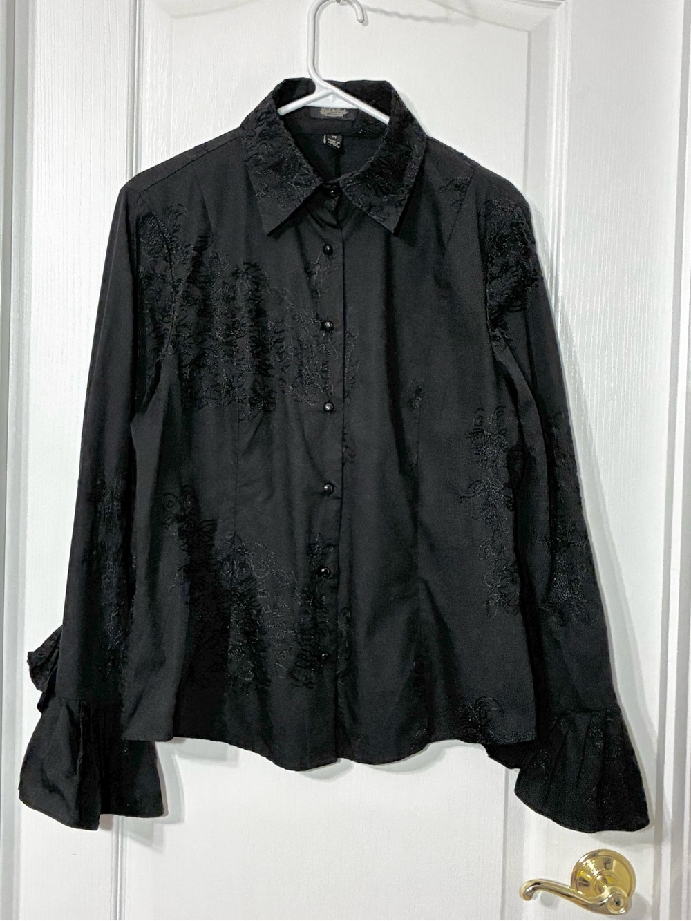 Y2K VTG Peck & Peck Embroidered Ruffle Sleeve Button Front Blouse Black Size 14